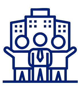 Three stylized figures, one in a suit, stand united in front of a building, symbolizing teamwork and collaboration in a professional setting.