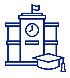 Line art illustration of a school building with a clock and flag, accompanied by a graduation cap at the forefront.