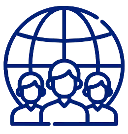 Icon of three people in front of a globe, symbolizing global community and collaboration.