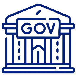 A simple blue outline illustration of a government building featuring the word "GOV" prominently on the front.